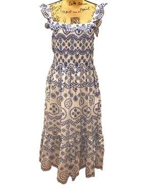 Crown & Ivy Blue White Scalloped Eyelet Midi/Maxi Dress L Excellent Condition